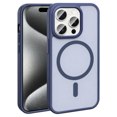 Apple iPhone 15 Pro Max Case Magsafe Charging Featured Matte Back Surface Zore Sio Cover Navy blue