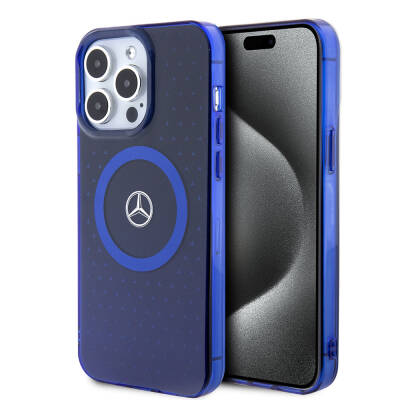 Apple iPhone 15 Pro Max Case Mercedes Benz Original Licensed Double Layer Blue Star Pattern Magsafe Charge Cover Blue