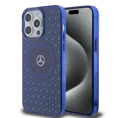 Apple iPhone 15 Pro Max Case Mercedes Benz Original Licensed Magsafe Charging Feature Double Layer Mini Star Pattern Cover Blue