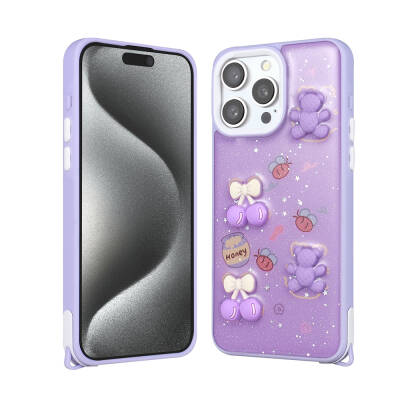 Apple iPhone 15 Pro Max Case Shining Glitter Relief Figured Zore Cevze Cover Mor Ayı