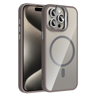Apple iPhone 15 Pro Max Case Stand Camera Lens Gift M-Safe Charging Feature Zore Etro Cover Grey