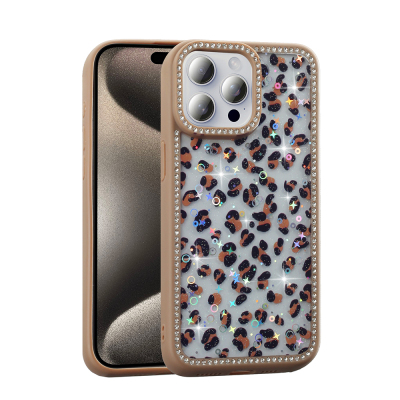 Apple iPhone 15 Pro Max Case Stone and Glitter Design Zore Azra Cover Gold