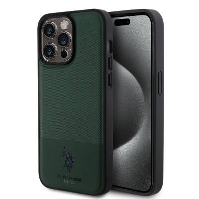 Apple iPhone 15 Pro Max Case U.S. Polo Assn. Original Licensed Faux Leather Back Surface Printing Logo Knitted Patterned Cover Green