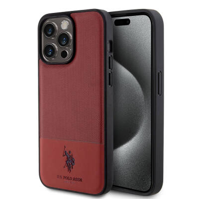 Apple iPhone 15 Pro Max Case U.S. Polo Assn. Original Licensed Faux Leather Back Surface Printing Logo Knitted Patterned Cover Red