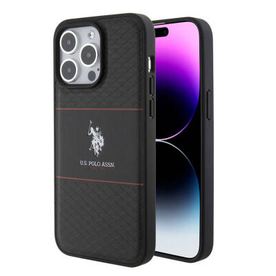 Apple iPhone 15 Pro Max Case U.S. Polo Assn. Original Licensed Leather Stripe Logo Design Cover Black