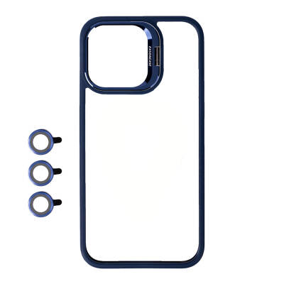 Apple iPhone 15 Pro Max Case with Camera Lens Protection and Stand Zore Clone Lens Cover Navy blue
