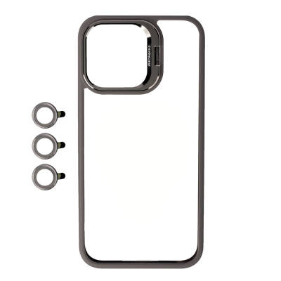 Apple iPhone 15 Pro Max Case with Camera Lens Protection and Stand Zore Clone Lens Cover Grey
