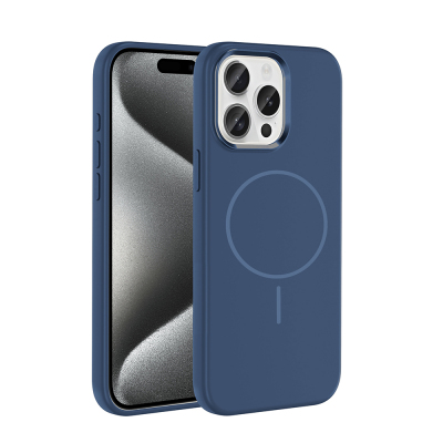 Apple iPhone 15 Pro Max Case with M-Safe Charging Feature, Metal Camera Frame, Zore Edi Silicone Cover Navy blue