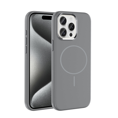 Apple iPhone 15 Pro Max Case with M-Safe Charging Feature, Metal Camera Frame, Zore Edi Silicone Cover Grey