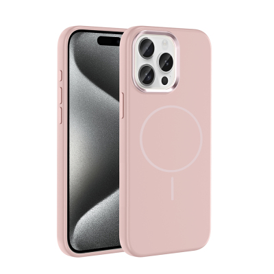 Apple iPhone 15 Pro Max Case with M-Safe Charging Feature, Metal Camera Frame, Zore Edi Silicone Cover Rose Gold