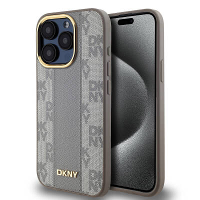 Apple iPhone 15 Pro Max Kılıf DKNY Orjinal Lisanslı Magsafe Şarj Özellikli 3D Yazılı Checkered Pattern Kapak Krem