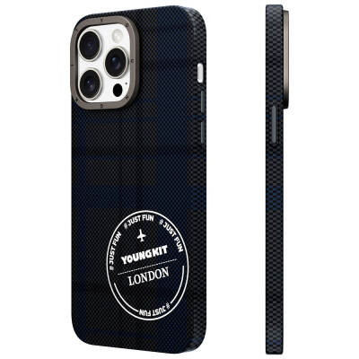 Apple iPhone 15 Pro Max Kılıf Ekose Desenli Youngkit Gezhi Serisi Kapak Mavi