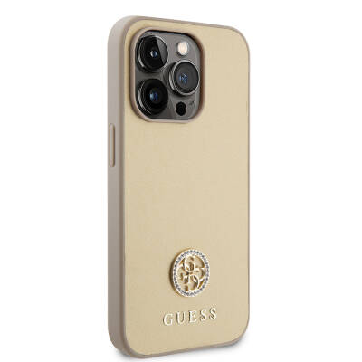 Apple iPhone 15 Pro Max Kılıf Guess Orjinal Lisanslı Deri 4G Metal Logo Strass Kapak Gold