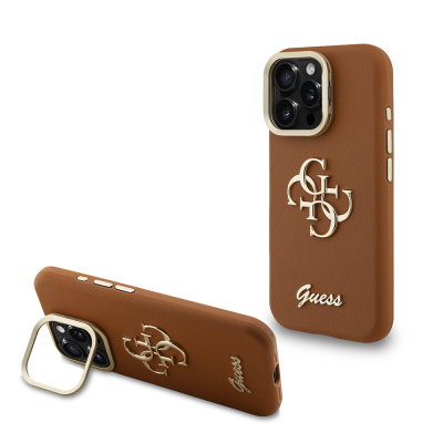 Apple iPhone 15 Pro Max Kılıf Guess Orjinal Lisanslı Grained Yazı Logolu Kamera Standlı Kapak Kahverengi