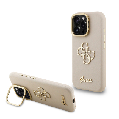 Apple iPhone 15 Pro Max Kılıf Guess Orjinal Lisanslı Grained Yazı Logolu Kamera Standlı Kapak Bej