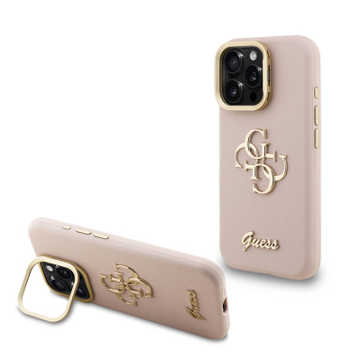 Apple iPhone 15 Pro Max Kılıf Guess Orjinal Lisanslı Grained Yazı Logolu Kamera Standlı Kapak Pembe