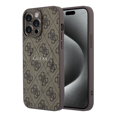 Apple iPhone 15 Pro Max Kılıf Guess Orjinal Lisanslı M-safe Kabartmalı 4G Desenli Yazı Logolu Kapak Kahverengi