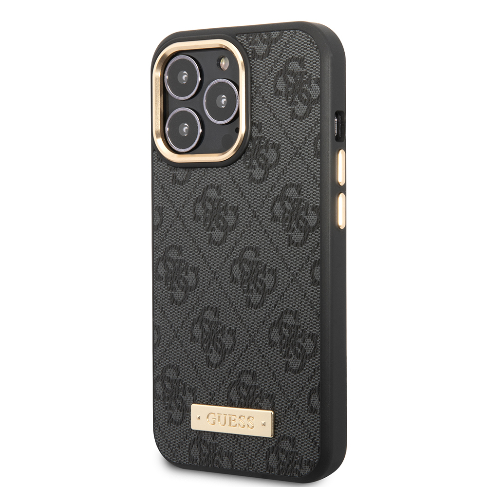 Apple iPhone 15 Pro Max Kılıf Guess Orjinal Lisanslı M-safe Şarj Özellikli 4G Desenli PU Metal Plaka Klasik Logolu Kapak - 4