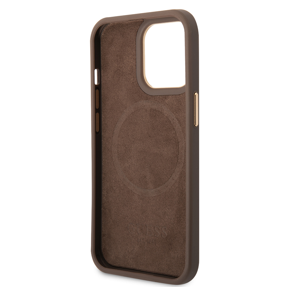 Apple iPhone 15 Pro Max Kılıf Guess Orjinal Lisanslı M-safe Şarj Özellikli 4G Desenli PU Metal Plaka Klasik Logolu Kapak - 14
