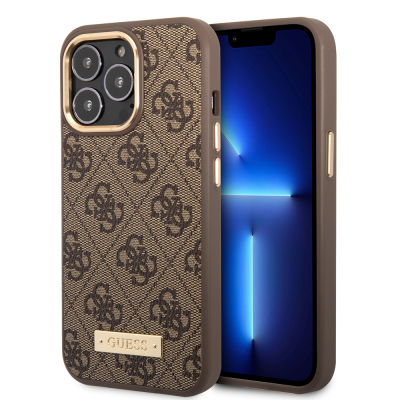 Apple iPhone 15 Pro Max Kılıf Guess Orjinal Lisanslı M-safe Şarj Özellikli 4G Desenli PU Metal Plaka Klasik Logolu Kapak Kahverengi