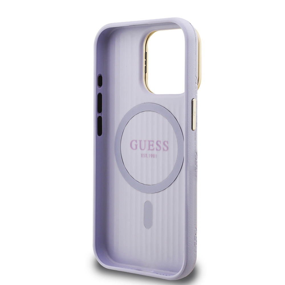 Apple iPhone 15 Pro Max Kılıf Guess Orjinal Lisanslı M-safe Şarj Özellikli Sıcak Baskılı Yazı Logolu Kamera Standlı PU Deri Peony Kapak - 32