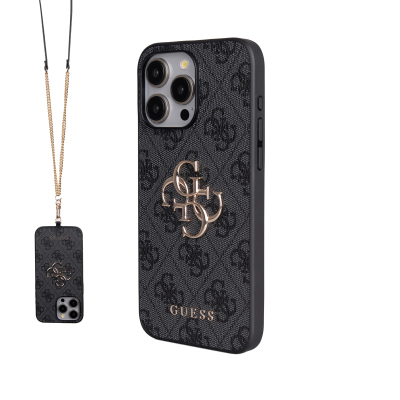 Apple iPhone 15 Pro Max Kılıf Guess Orjinal Lisanslı PU Deri 4G Büyük Metal Logolu Çapraz Vücut Askılı Kapak Siyah