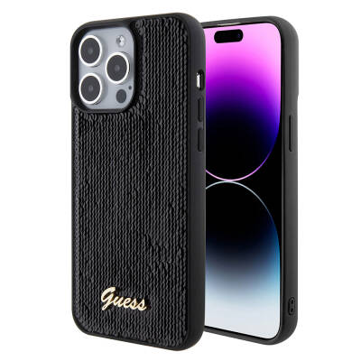 Apple iPhone 15 Pro Max Kılıf Guess Orjinal Lisanslı Pullu Arka Yüzey Metal Yazı Logolu Sequin Script Kapak Siyah