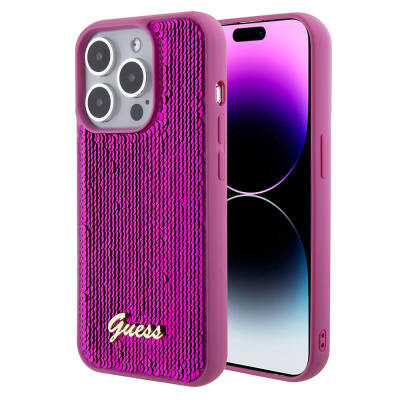 Apple iPhone 15 Pro Max Kılıf Guess Orjinal Lisanslı Pullu Arka Yüzey Metal Yazı Logolu Sequin Script Kapak Pembe