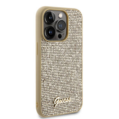 Apple iPhone 15 Pro Max Kılıf Guess Orjinal Lisanslı Yazı Logolu Disco Script Metal Kapak Gold