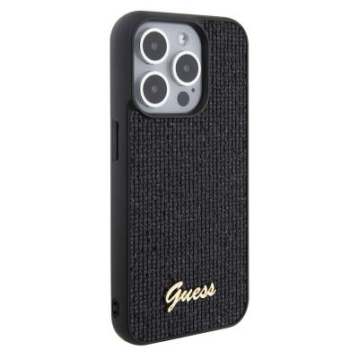 Apple iPhone 15 Pro Max Kılıf Guess Orjinal Lisanslı Yazı Logolu Disco Script Metal Kapak Siyah