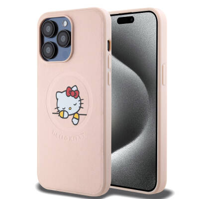 Apple iPhone 15 Pro Max Kılıf Hello Kitty Orjinal Lisanslı Magsafe Şarj Özellikli Baskı Logolu Uyuyan Kitty Deri Kapak Pembe