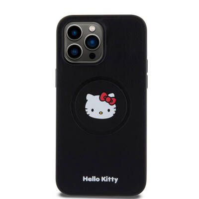 Apple iPhone 15 Pro Max Kılıf Hello Kitty Orjinal Lisanslı Magsafe Şarj Özellikli Kitty Head Deri Kapak Siyah