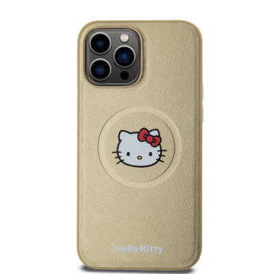 Apple iPhone 15 Pro Max Kılıf Hello Kitty Orjinal Lisanslı Magsafe Şarj Özellikli Kitty Head Deri Kapak Gold