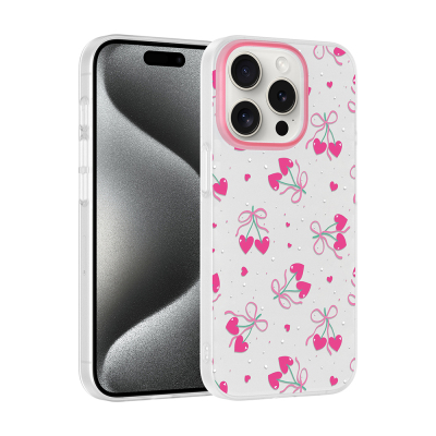 Apple iPhone 15 Pro Max Kılıf Kamera Korumalı Desenli Zore Klip Kapak Kalpli Kiraz