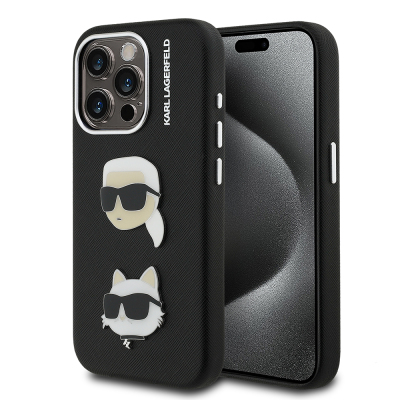 Apple iPhone 15 Pro Max Kılıf Karl Lagerfeld Orjinal Lisanslı K&C Heads Pin Kapak Siyah