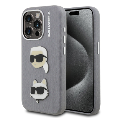 Apple iPhone 15 Pro Max Kılıf Karl Lagerfeld Orjinal Lisanslı K&C Heads Pin Kapak Gri