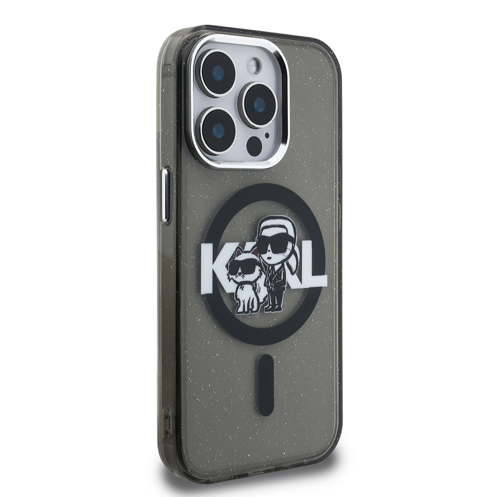 Apple iPhone 15 Pro Max Kılıf Karl Lagerfeld Orjinal Lisanslı Parlayan Simli Karl & Choupette Sketch Logo Kapak - 3