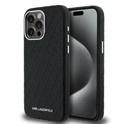 Apple iPhone 15 Pro Max Kılıf Karl Lagerfeld Orjinal Lisanslı PU Deri Damgalı Metal Yazı Logolu Kapak Siyah