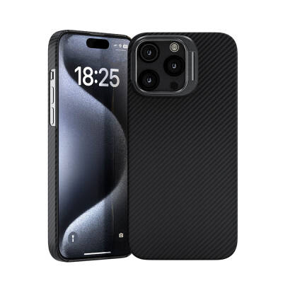 Apple iPhone 15 Pro Max Kılıf M-safe Şarj Özellikli 600D Zore Krek Karbon Standlı Kapak Siyah
