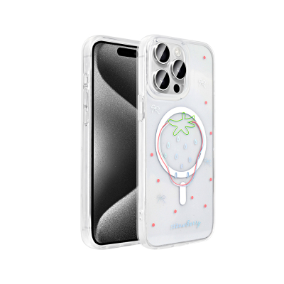 Apple iPhone 15 Pro Max Kılıf M-Safe Şarj Özellikli Şeffaf Zore Folk Sert Kapak Çilek