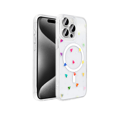 Apple iPhone 15 Pro Max Kılıf M-Safe Şarj Özellikli Şeffaf Zore Folk Sert Kapak Kalp