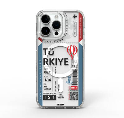 Apple iPhone 15 Pro Max Kılıf Magsafe Şarj Özellikli Bilet Desenli Wiwu Turkey B Serisi Kapak Mavi