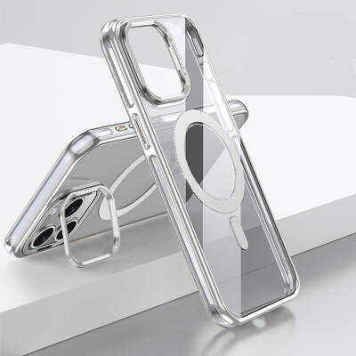 Apple iPhone 15 Pro Max Kılıf Magsafe Şarj Özellikli Wlons Standlı Efsane Kapak Gümüş