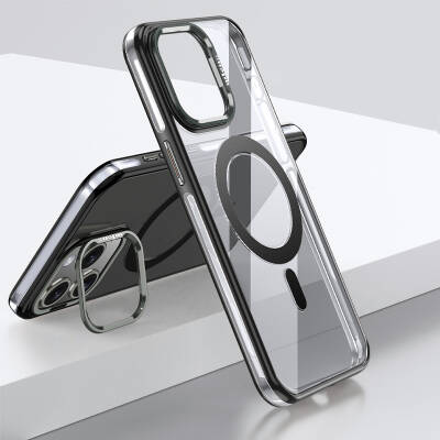 Apple iPhone 15 Pro Max Kılıf Magsafe Şarj Özellikli Wlons Standlı Efsane Kapak Siyah