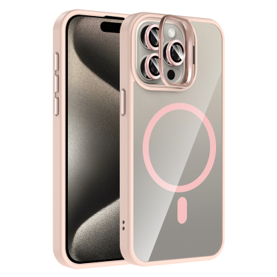 Apple iPhone 15 Pro Max Kılıf Standlı ve Kamera Lens Hediyeli M-Safe Şarj Özellikli Zore Etro Kapak Pembe
