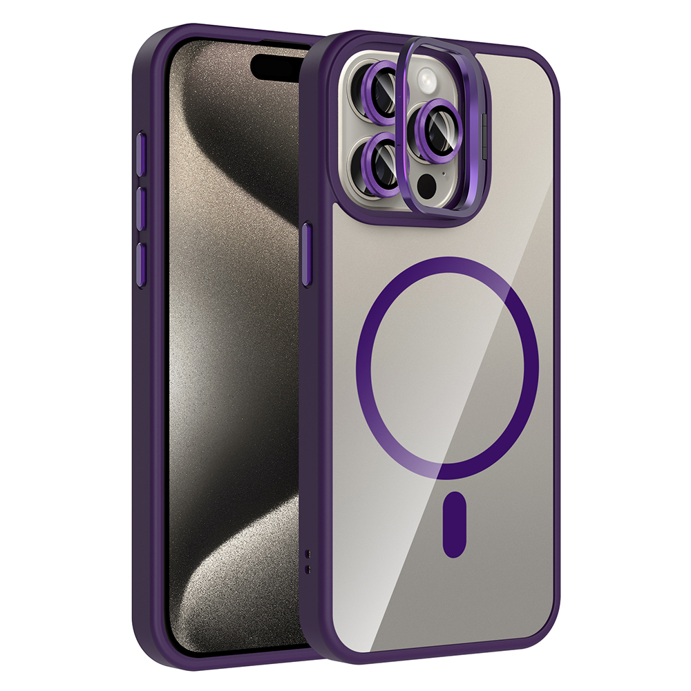 Apple iPhone 15 Pro Max Kılıf Standlı ve Kamera Lens Hediyeli M-Safe Şarj Özellikli Zore Etro Kapak - 1