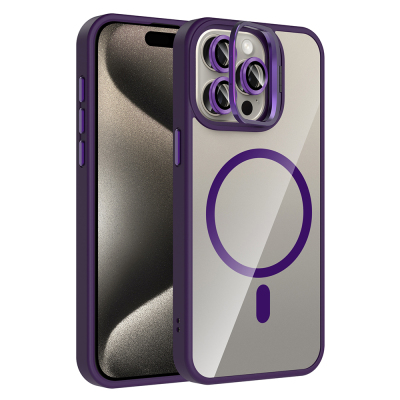Apple iPhone 15 Pro Max Kılıf Standlı ve Kamera Lens Hediyeli M-Safe Şarj Özellikli Zore Etro Kapak Derin Mor