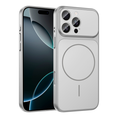 Apple iPhone 15 Pro Max Kılıf Zore M-Safe Şarj Özellikli Kamera Korumalı Formen Kapak Gümüş