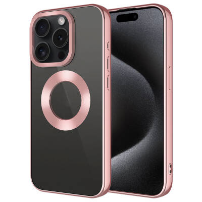 Apple iPhone 15 Pro Max Single Camera Frame Showing Logo Case Zore Omega Cover Rose Gold