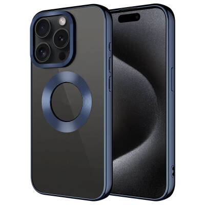 Apple iPhone 15 Pro Max Single Camera Frame Showing Logo Case Zore Omega Cover Navy blue